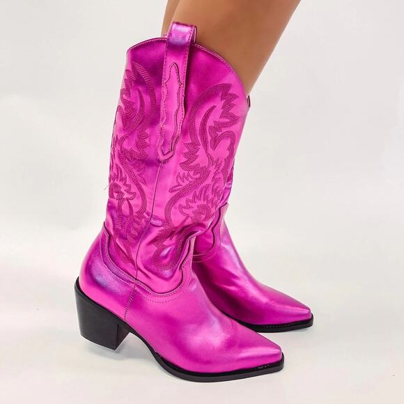NEW Billini Danilo Metallic Fushcia Pink Cowboy Boots Swiftie Barbie Size 9 - Picture 4 of 14